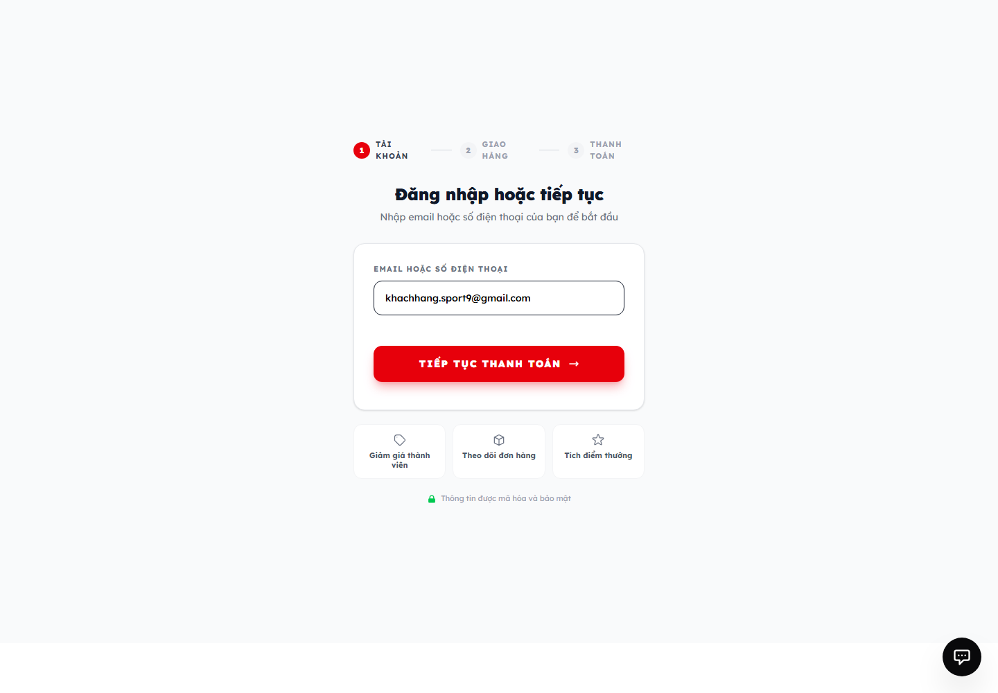 Bước xác nhận email hoặc số điện thoại khi thanh toán