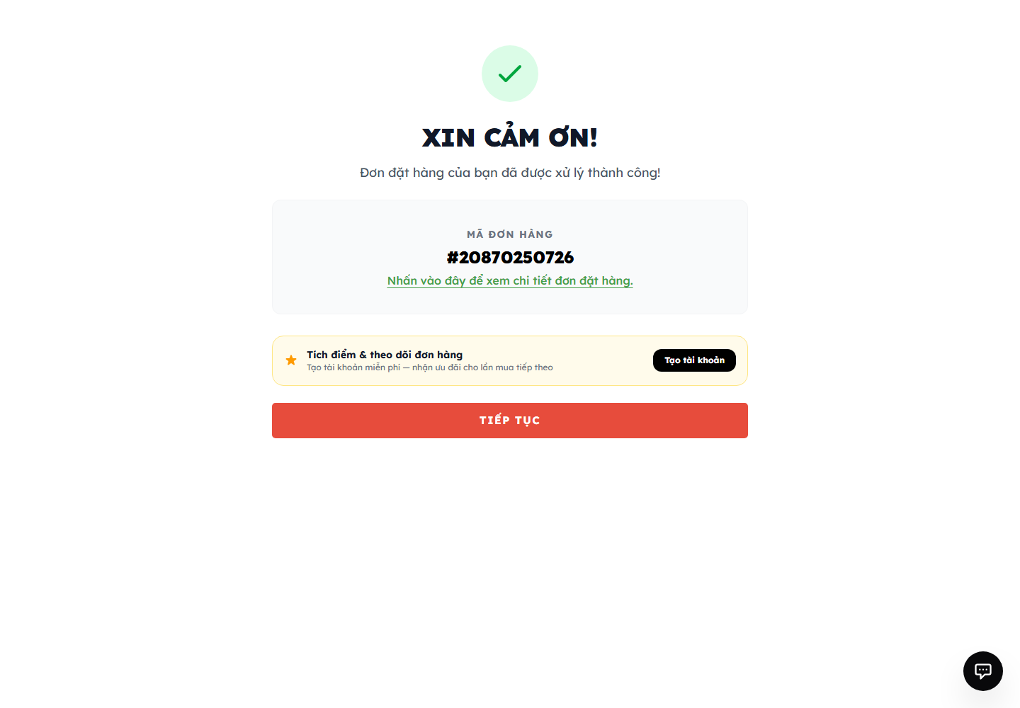 Trang xác nhận đặt hàng thành công, hiển thị mã đơn hàng