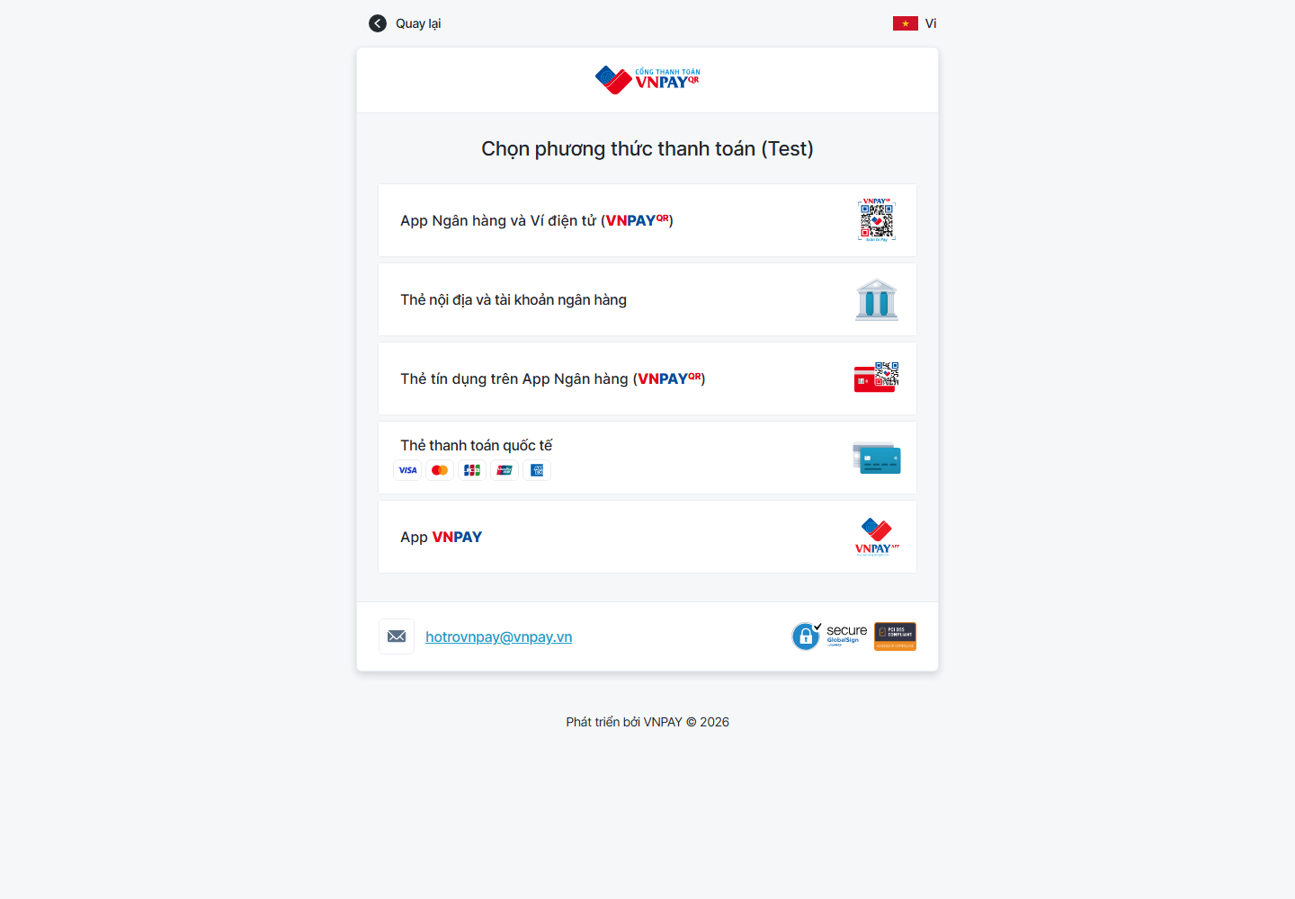 Cổng thanh toán bảo mật của VNPAY: chọn QR ngân hàng, thẻ nội địa, thẻ quốc tế hoặc ví VNPAY