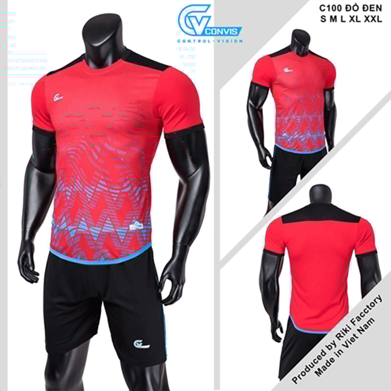 BỘ QUẦN ÁO BÓNG ĐÁ RIKI C100 - MÀU ĐỎ ĐEN