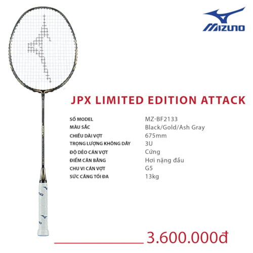 MIZUNO VỢT CẦU LÔNG MIZUNO JPX LIMITED EDITION ATTACK ĐEN VÀNG XÁM