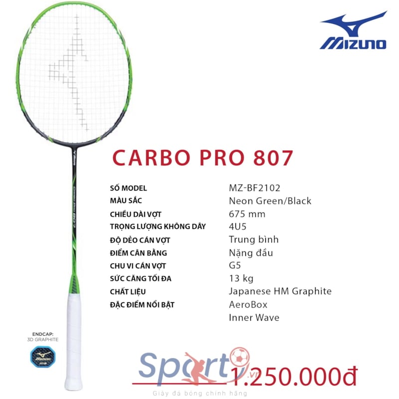 MIZUNO VỢT CẦU LÔNG MIZUNO CARBO PRO 807 XANH LÁ ĐEN