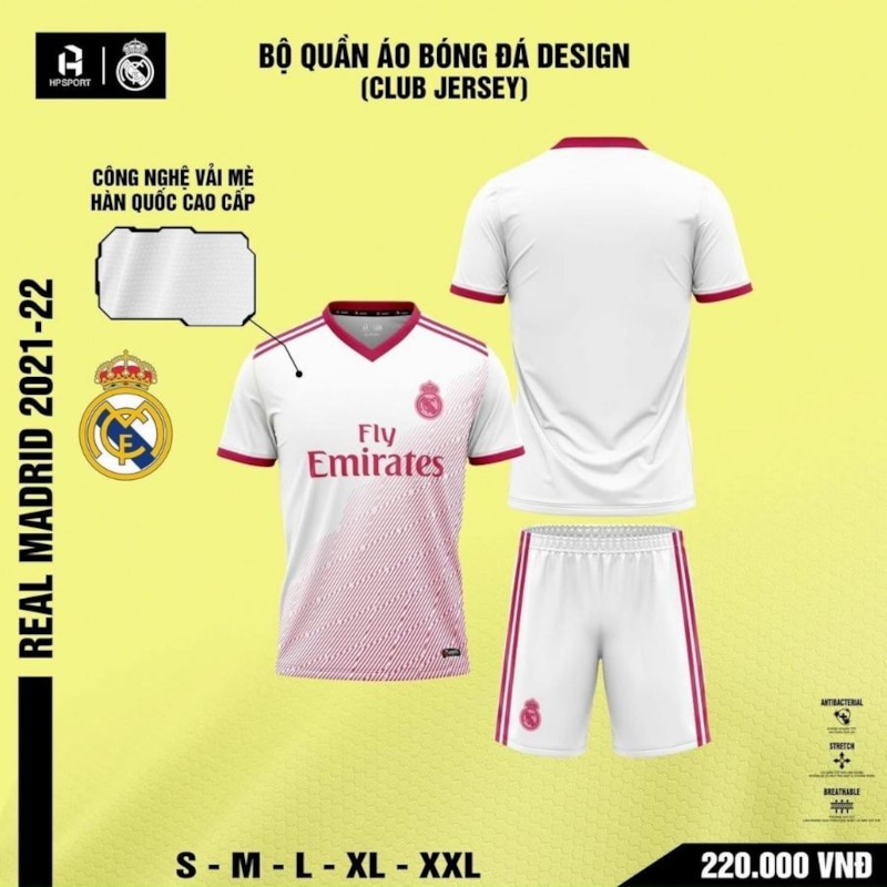 BỘ QUẦN ÁO BÓNG ĐÁ REAL MADRID 2021-22 MÀU TRẮNG HỒNG