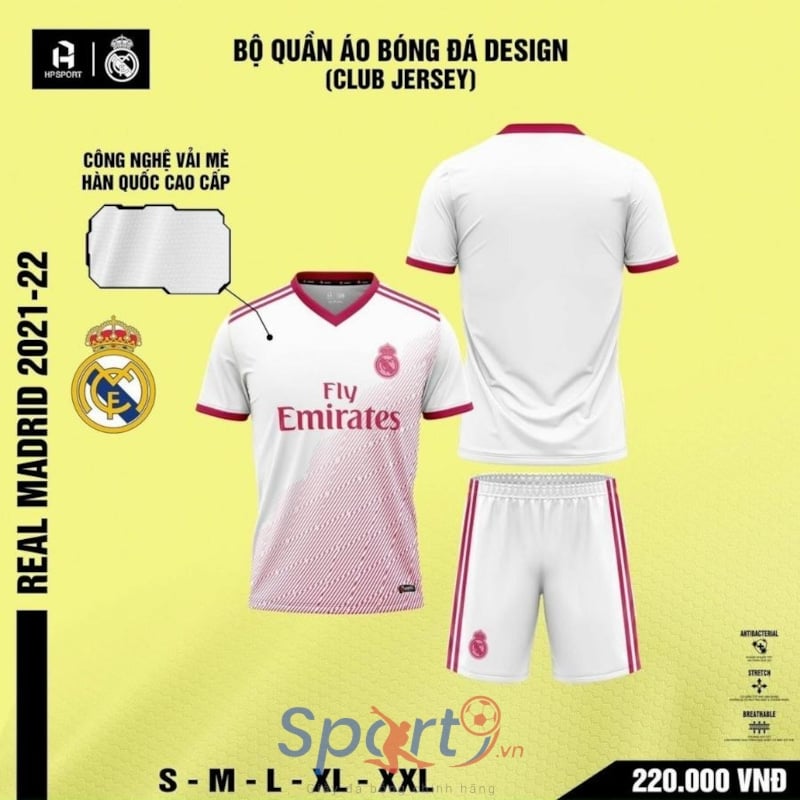 BỘ QUẦN ÁO BÓNG ĐÁ REAL MADRID 2021-22 MÀU TRẮNG HỒNG