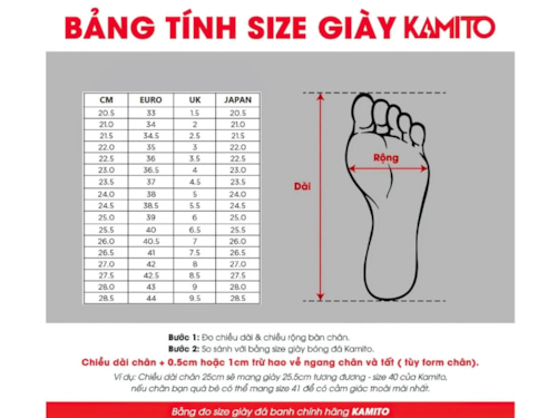 Hướng dẫn chọn size giày đá bóng Kamito mới nhất 2023