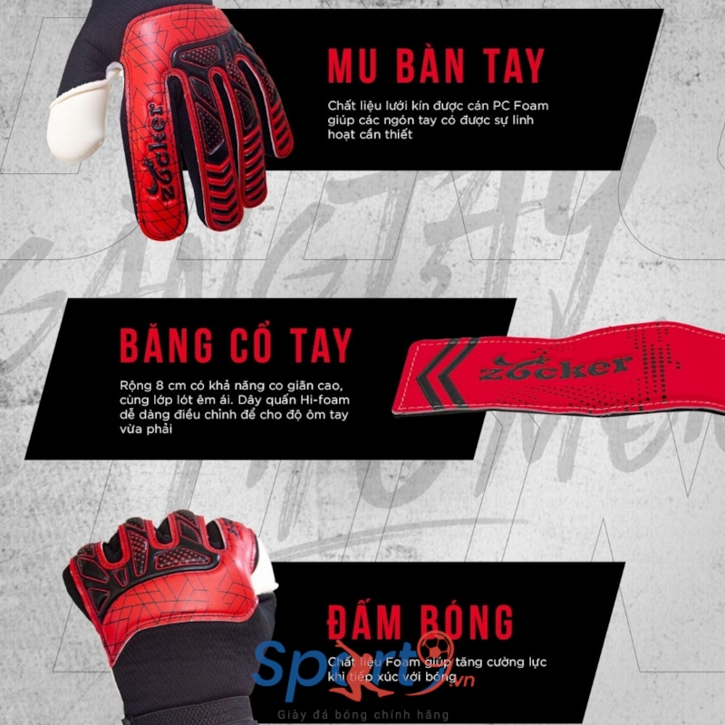 Găng Tay Thủ Môn Zocker Gloves Dino - Đen Đỏ