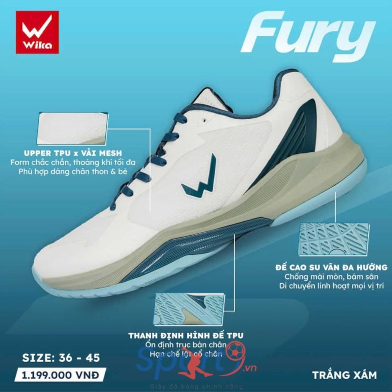 Giày Pickleball Wika Fury - Màu Trắng Xám