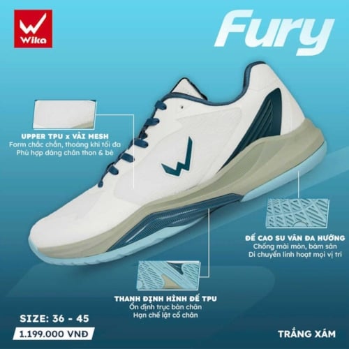 Giày Pickleball Wika Fury - Màu Trắng Xám