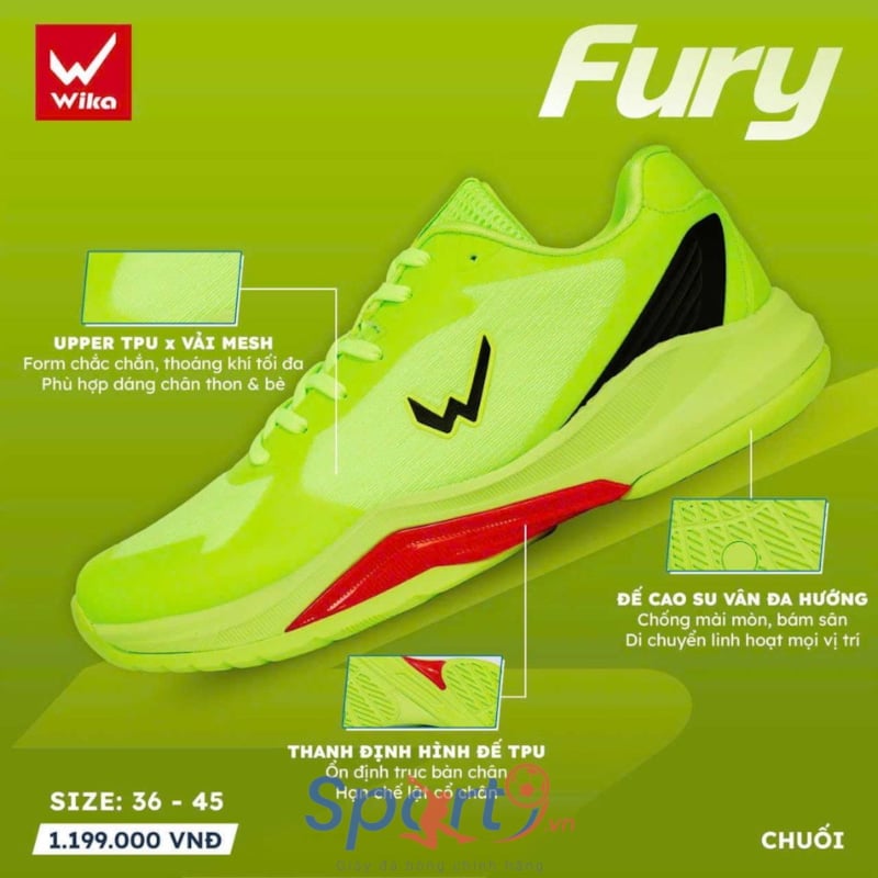 Giày Pickleball Wika Fury - Màu Trắng Xanh Chuối