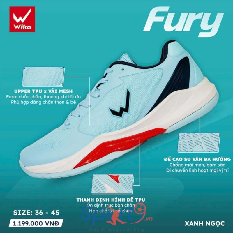 Giày Pickleball Wika Fury - Màu Màu Xanh Ngọc