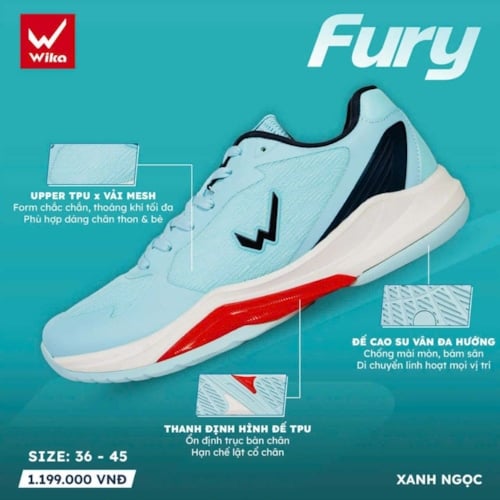 Giày Pickleball Wika Fury - Màu Màu Xanh Ngọc