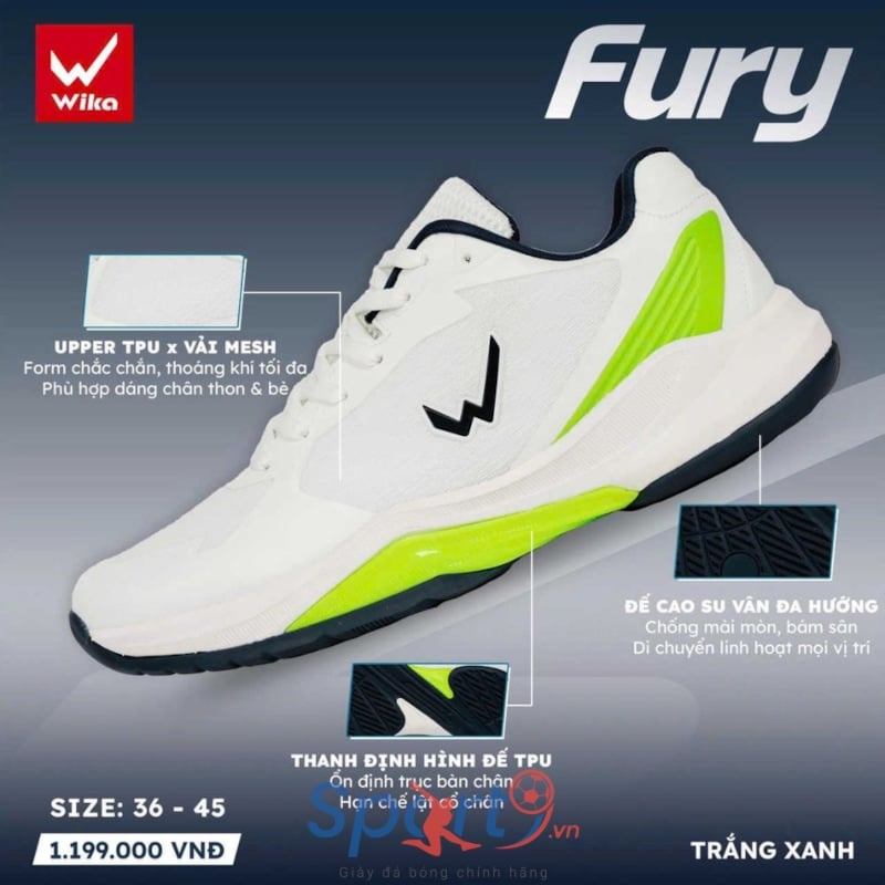 Giày Pickleball Wika Fury - Màu Trắng Xanh