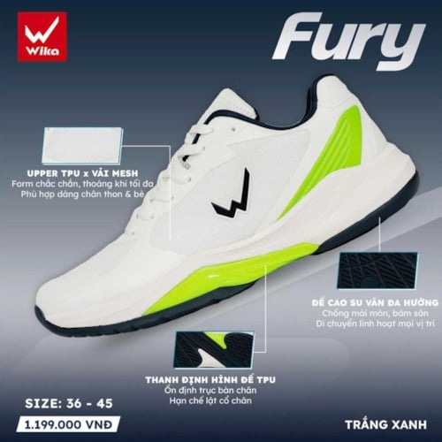 Giày Pickleball Wika Fury - Màu Trắng Xanh