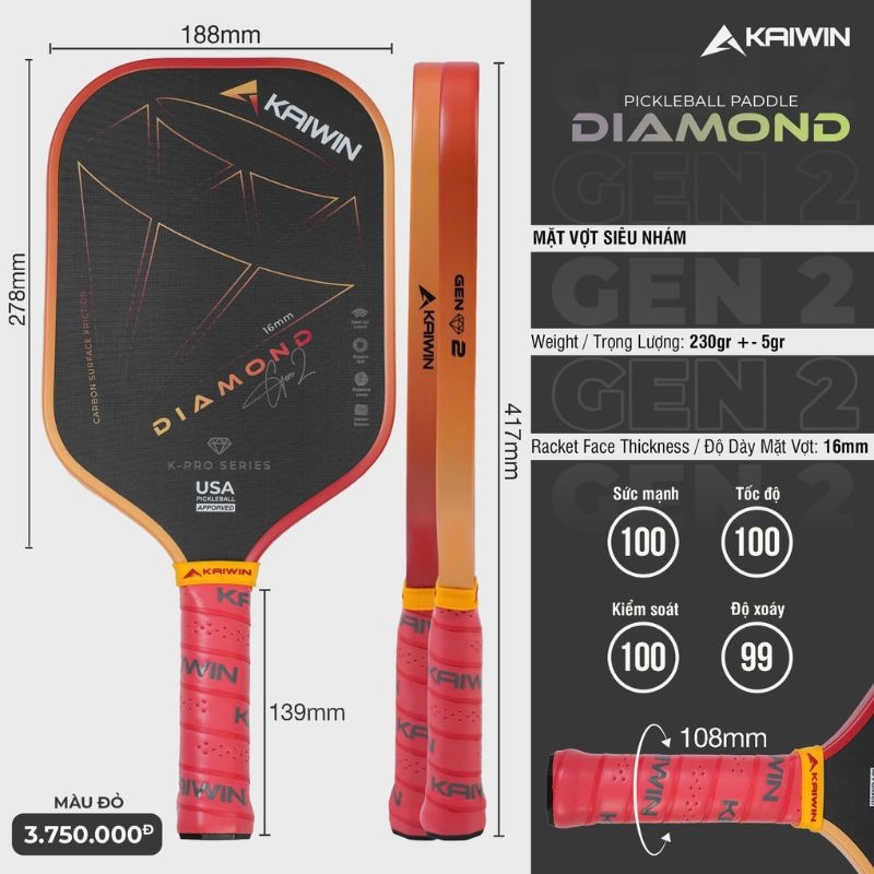 Vợt Pickleball Kaiwin Diamond Gen 2 - Màu Đỏ