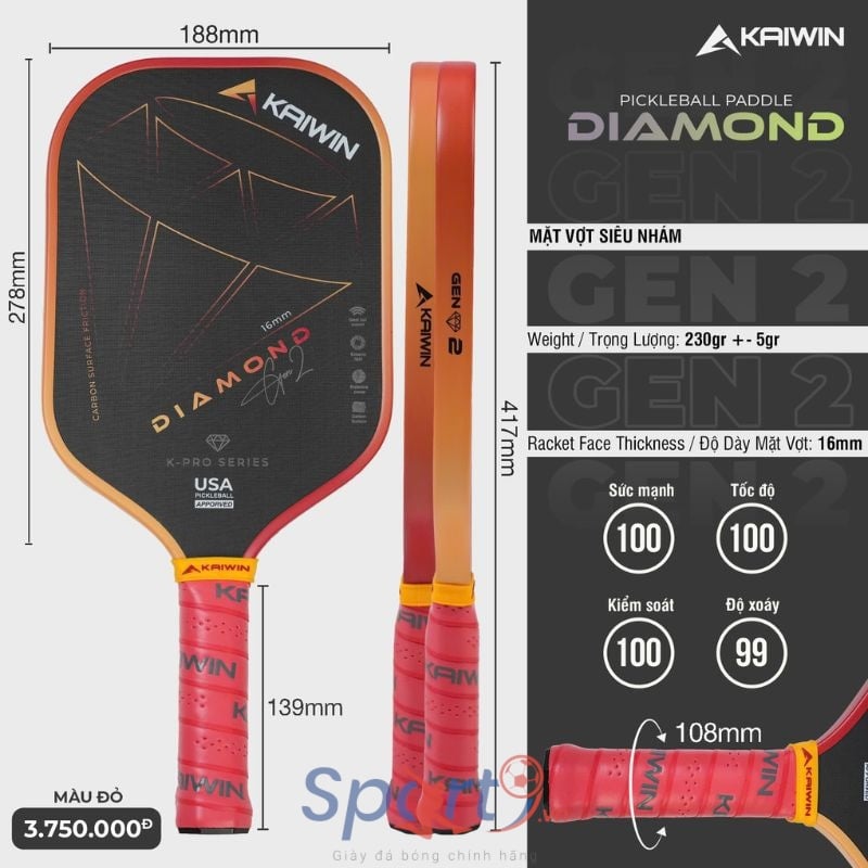 Vợt Pickleball Kaiwin Diamond Gen 2 - Màu Đỏ
