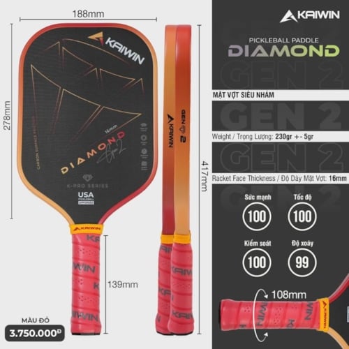 Vợt Pickleball Kaiwin Diamond Gen 2 - Màu Đỏ