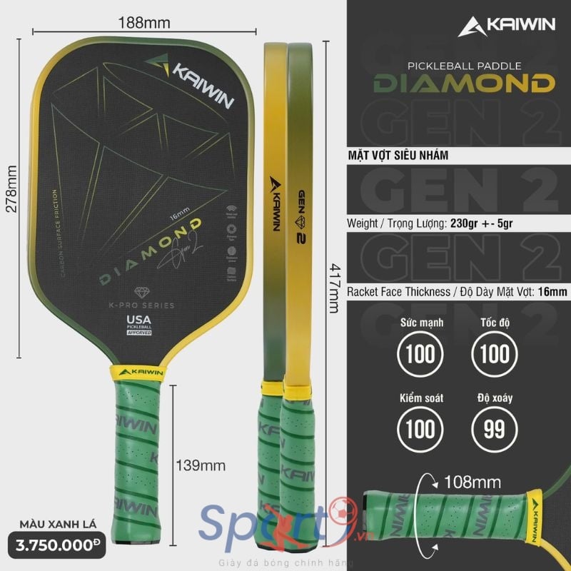 Vợt Pickleball Kaiwin Diamond Gen 2 - Màu Xanh Lá