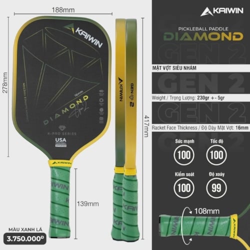 Vợt Pickleball Kaiwin Diamond Gen 2 - Màu Xanh Lá