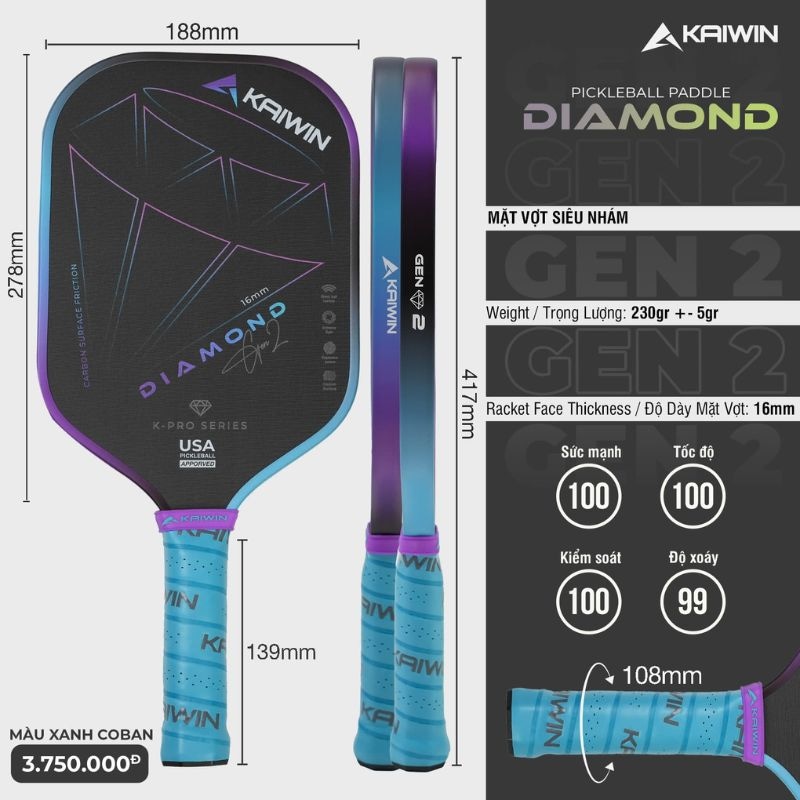 Vợt Pickleball Kaiwin Diamond Gen 2 - Màu Xanh Coban Tím