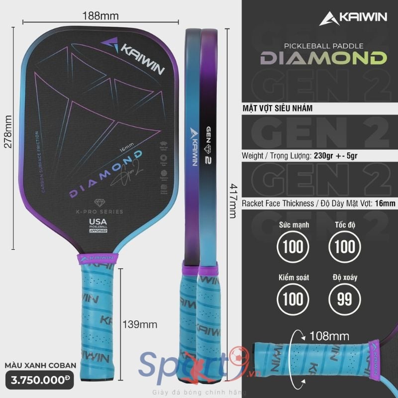 Vợt Pickleball Kaiwin Diamond Gen 2 - Màu Xanh Coban Tím