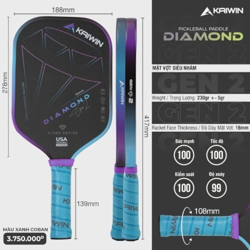 Vợt Pickleball Kaiwin Diamond Gen 2 - Màu Xanh Coban Tím