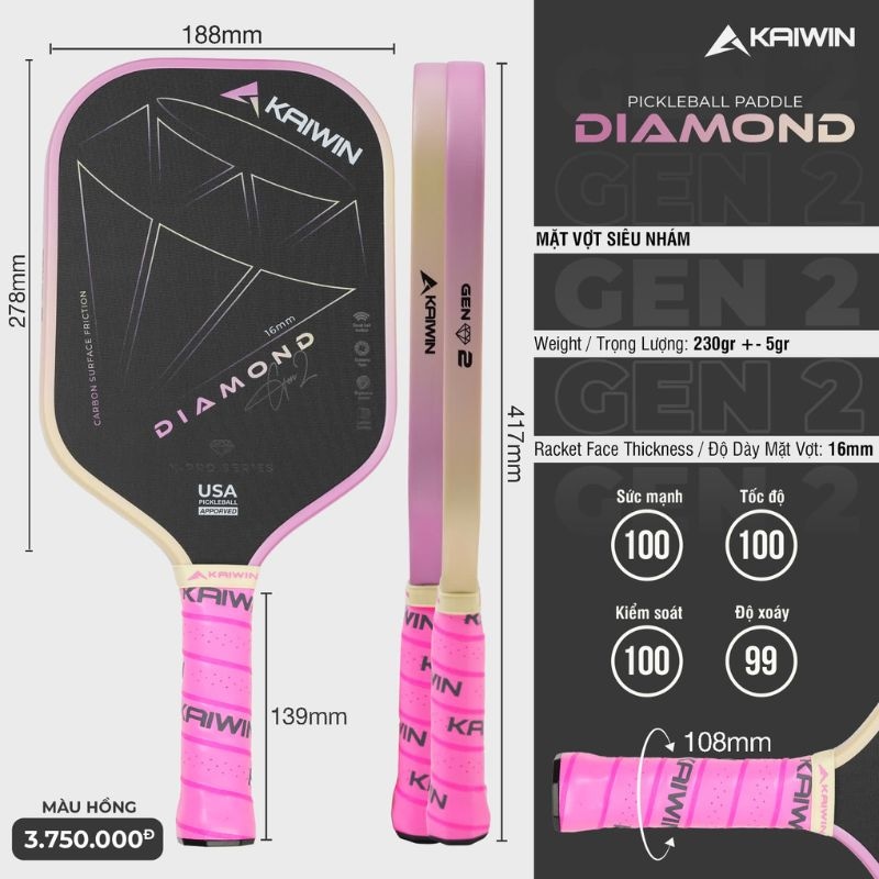 Vợt Pickleball Kaiwin Diamond Gen 2 - Màu Hồng