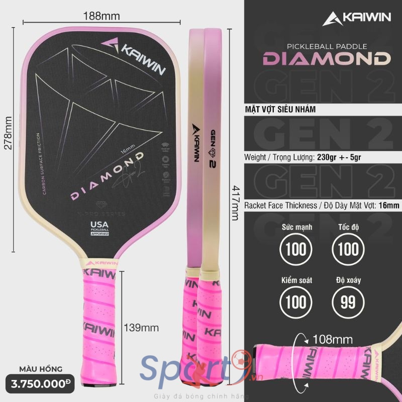 Vợt Pickleball Kaiwin Diamond Gen 2 - Màu Hồng