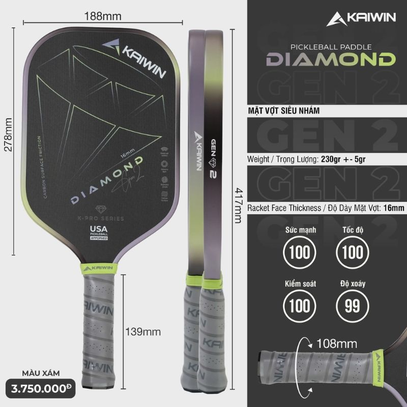 Vợt Pickleball Kaiwin Diamond Gen 2 - Màu Xám