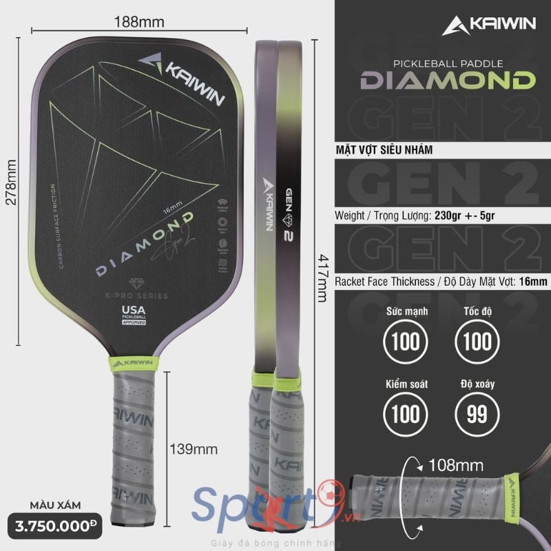 Vợt Pickleball Kaiwin Diamond Gen 2 - Màu Xám