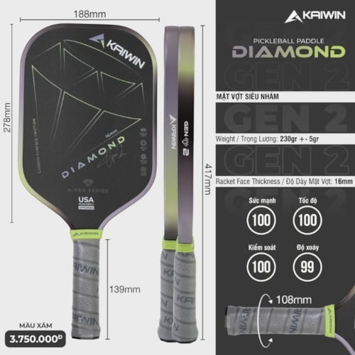 Vợt Pickleball Kaiwin Diamond Gen 2 - Màu Xám