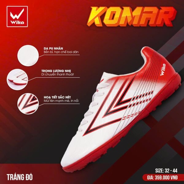 Giày đá bóng trẻ em Wika Komar trắng đỏ	