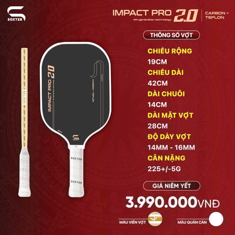 Vợt Pickleball Soxter Impact Pro 2.0 - Carbon + Teflon - Đen/Vàng
