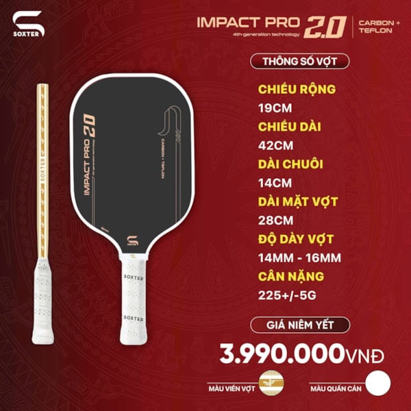 Vợt Pickleball Soxter Impact Pro 2.0 - Carbon + Teflon - Đen/Vàng