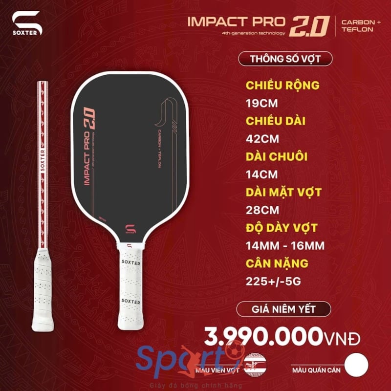 Vợt Pickleball Soxter Impact Pro 2.0 - Carbon + Teflon - Đen/Đỏ