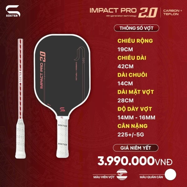 Vợt Pickleball Soxter Impact Pro 2.0 - Carbon + Teflon - Đen/Đỏ