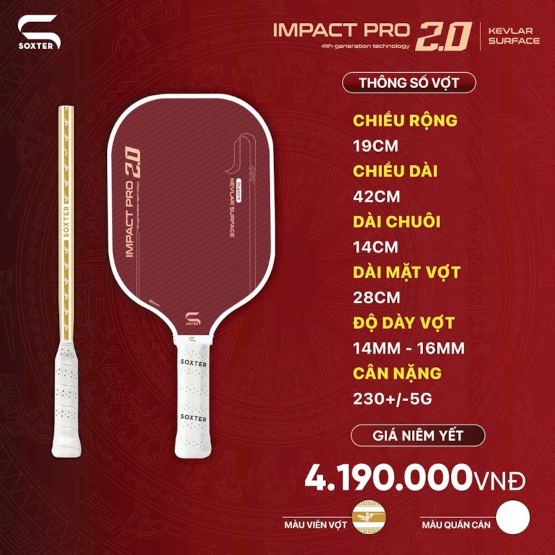Vợt Pickleball Soxter Impact Pro 2.0 - Kevlar Dupont - Đỏ/Vàng