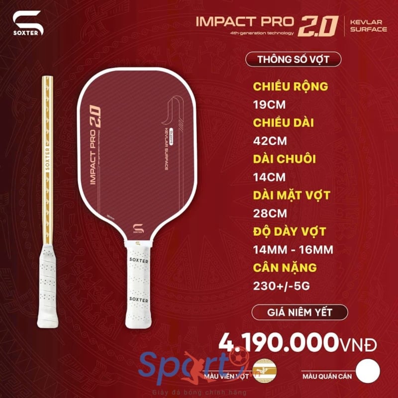 Vợt Pickleball Soxter Impact Pro 2.0 - Kevlar Dupont - Đỏ/Vàng