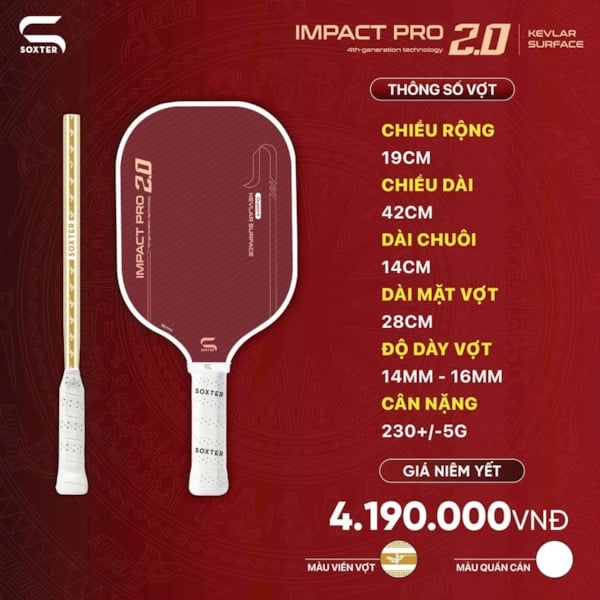 Vợt Pickleball Soxter Impact Pro 2.0 - Kevlar Dupont - Đỏ/Vàng