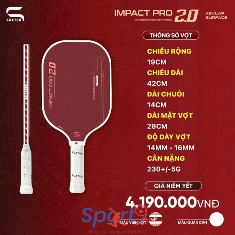 Vợt Pickleball Soxter Impact Pro 2.0 - Kevlar Dupont - Đỏ/Đỏ