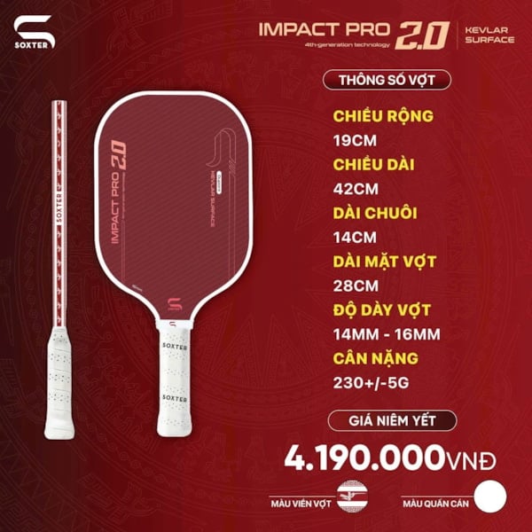 Vợt Pickleball Soxter Impact Pro 2.0 - Kevlar Dupont - Đỏ/Đỏ