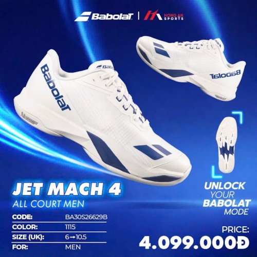 Giày Pickleball Babolat Jet Mach 4 All Court - Trắng/Xanh - BA30S26629B