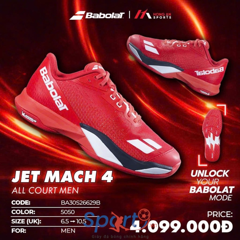 Giày Pickleball Babolat Jet Mach 4 All Court - Màu Đỏ - BA30S26629B - 5050