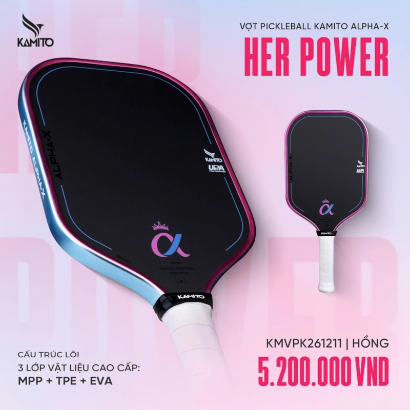 Vợt Pickleball Kamito Alpha X Her Power - Màu Hồng