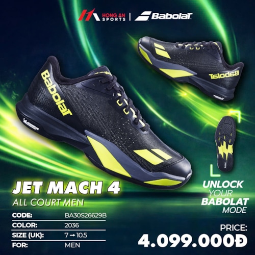 Giày Pickleball Babolat Jet Mach 4 AC - Đen/Xanh - BA30S26629B - 2036