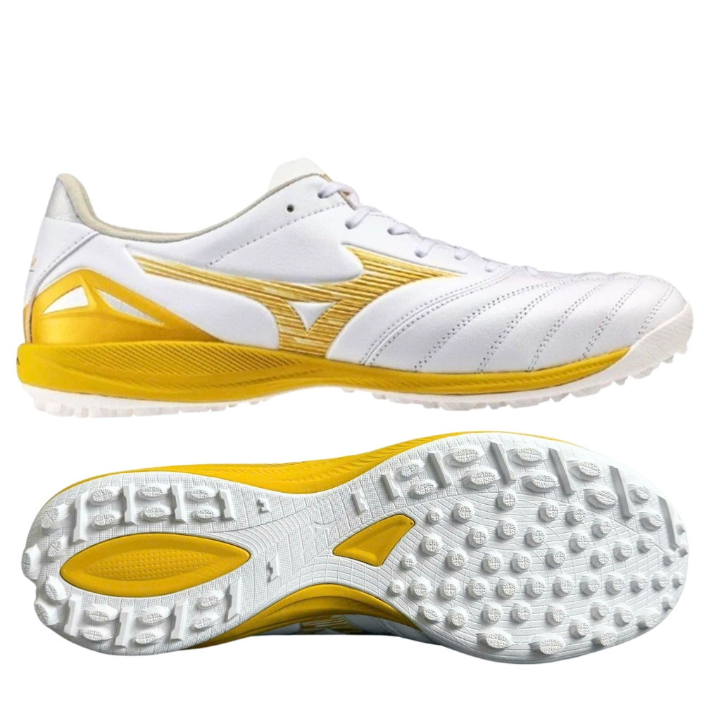Giày đá bóng Mizuno Morelia Neo IV Pro AS Trắng/Vàng Gold trên sân cỏ nhân tạo