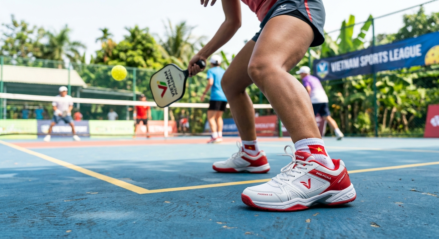 Người chơi pickleball với đôi giày chuyên dụng trên sân