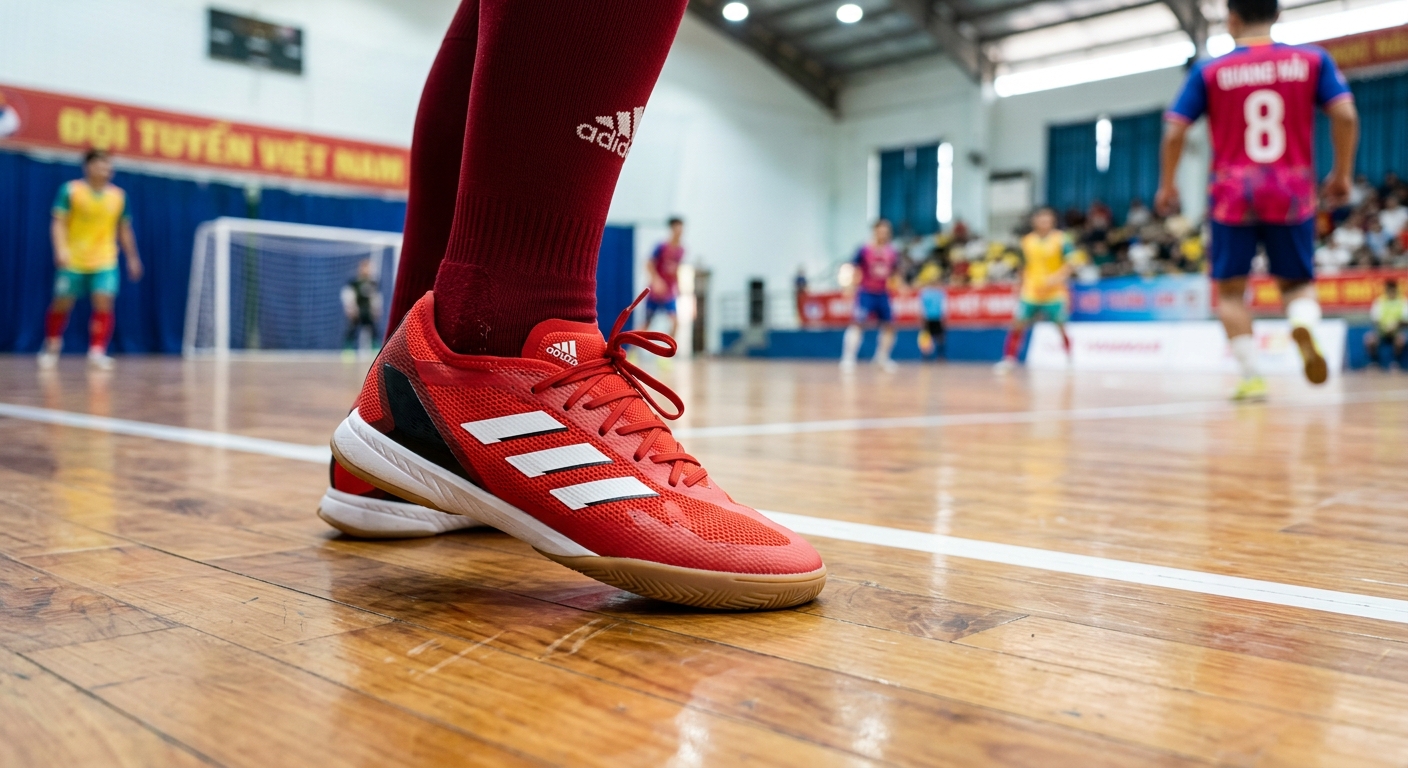 Cận cảnh một đôi giày futsal chất lượng cao của Nike hoặc Adidas trên sân gỗ