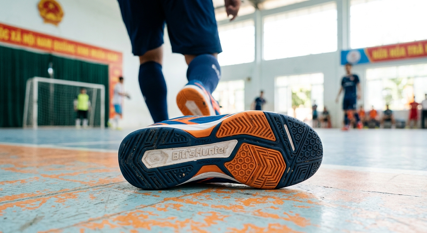 Cận cảnh đế giày futsal với các rãnh chống trượt và logo thương hiệu