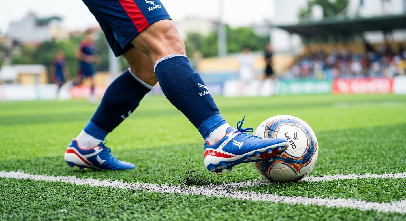 Cầu thủ Việt Nam mang giày đá banh Kamito trên sân cỏ nhân tạo