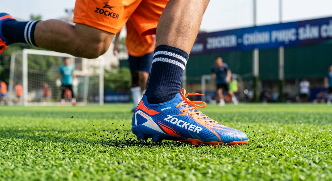 Cận cảnh giày đá banh Zocker với thiết kế hiện đại trên sân cỏ nhân tạo